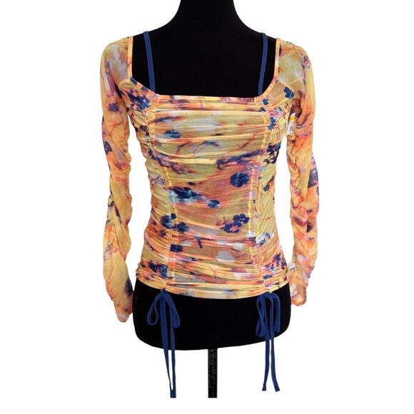 NEW TOPSHOP NORDSTROM Multicolor Printed Long Sleeve Ruched Top Size 4-6 - Picture 5 of 9